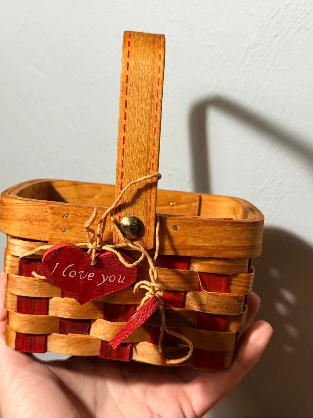 Vintage Handwoven and hand painted Red and Natural Decorative Love Basket